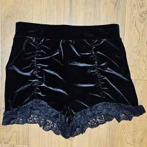 Black Velvet Shorts with Lace Trim